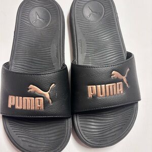PUMA Black Slides with Rose Gold Logo